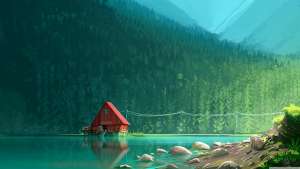 Alpine hut by the river